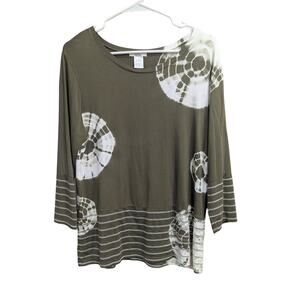 Pretty olive green and white tie dye mix media style tunic top by Isela size L
